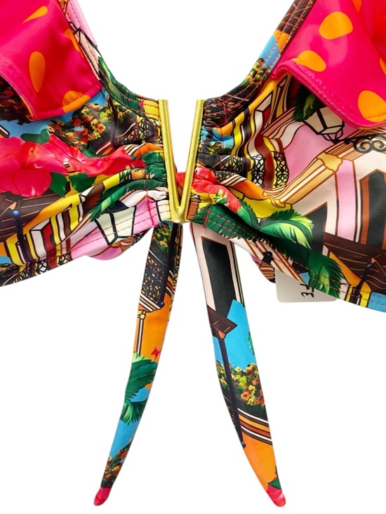 NWT Sporlike Tropical Town Print Bikini Set Ruffle Top High Waist Bottom Small - Picture 6 of 14